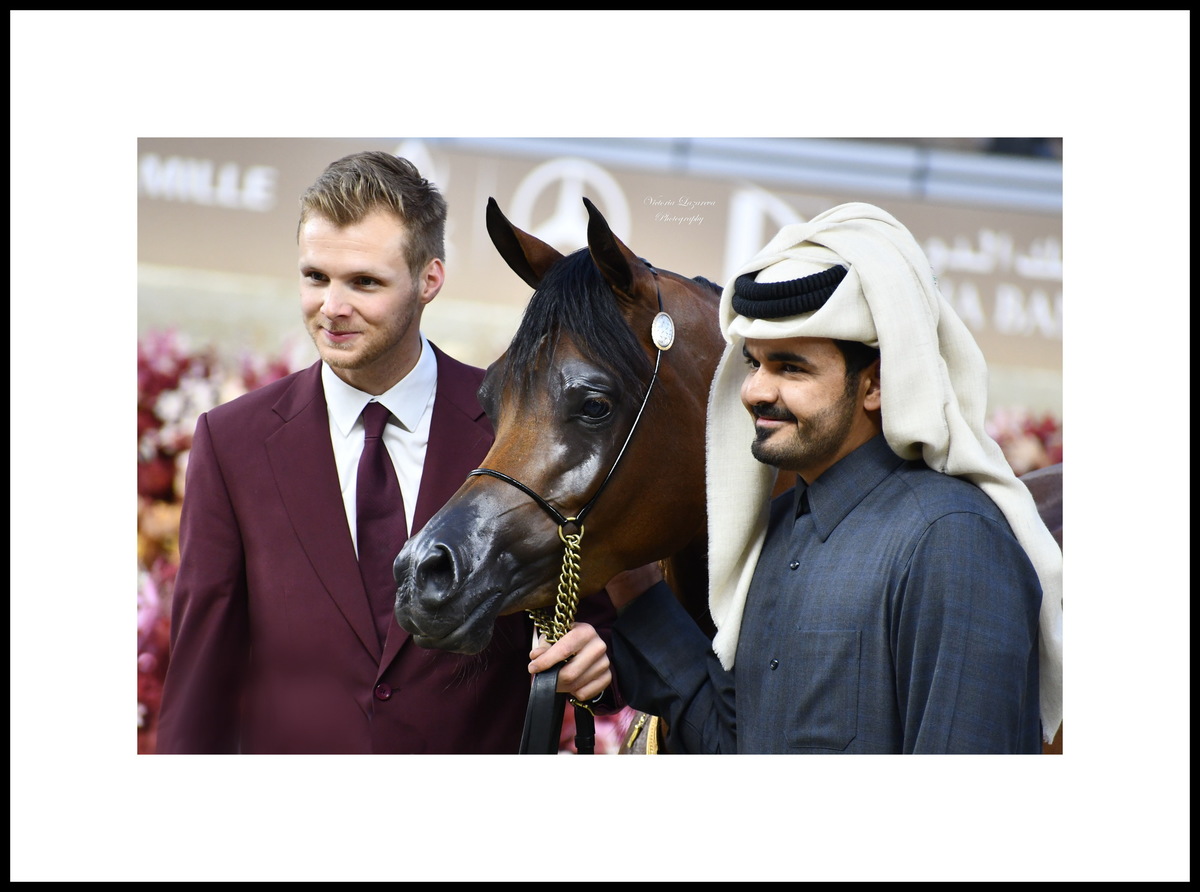Sheikh Joaan bin Hamad Al Thani alongside trainer Arnauld Mertens and the triumphant Shahalel Al Shaqab